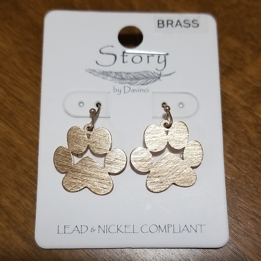 Story by Davinci Brass Paw Print Earrings NEW
